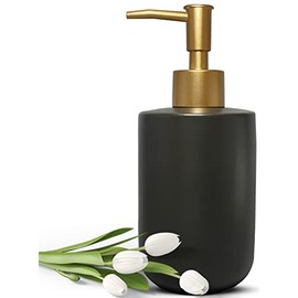 Liquid Soap Dispenser for Bathroom with Gold Pump，Dish Soap Dispenser for Kitchen Sink，Refillable Countertop Lotion Ceramics Black Hand Soap Dispenser for Shower 420ml (Cylindrical Black Bottle)