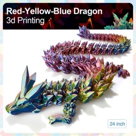 RWSEFK 24 in 3D Printed Dragon, 24inch Dragon，3D Dragon Toy,Large Dragon Present,Ariculated Crystal Dragon(Yellow Red Blue)