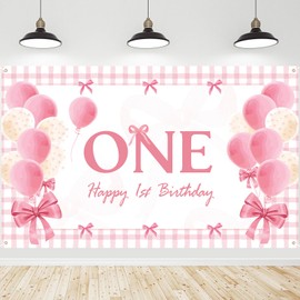 Roetyce 1st Birthday Decorations for Girls, Bow 1st Birthday Banner, Pink One Birthday Backdrop 5.9 x 3.6 Ft, Baby Girl First Birthday Party Supplies, Bow Tie 1 Year Old Birthday Photo Background