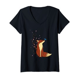 Womens Cute Fox Cherry Blossom Design Japanese Wildlife Lover V-Neck T-Shirt