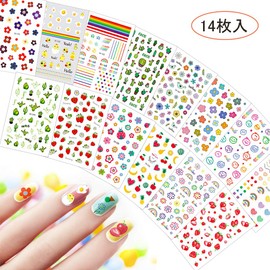 Popular Nail Art Stickers Set, 14 Pieces Cute 3D Stick Manicure for Women, Girls, Kids, Ultra Thin Children Nail Stickers Flowers, Rainbow, Strawberry, Star, Moon, Emoji for Work or Casual Nail