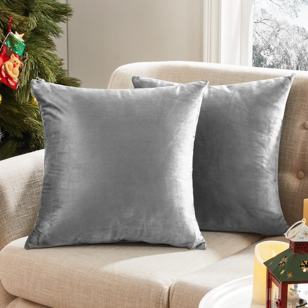 Deconovo Crushed Velvet Cushion Covers 45 x 45cm 18x18 Inches Throw Pillow Cases Plain Cushion Protectors for Sofas with Invisible Zipper Grey Set of 2