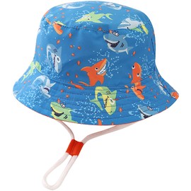Malaxlx Kids Bucket Sun Hat Cute Shark Blue Print Summer Outdoor Beach Hat for 4-8 Years Old Boys Girls
