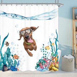 LGhtyro Funny Dog Kids Dachshund Shower Curtain Bathroom Set 60Wx71H Inches Teal Blue Sea Ocean Nautical Cute Fish Turtle Anchor Coral Underwater Bath Accessories Art Home Decor Fabric 12 Pack Hooks