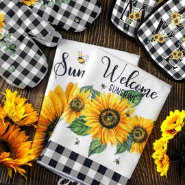 Bencailor Bencailor 6 Pcs Kitchen Decor Pot Holders Oven Mitts 2 Dish Towels 2 Farmhouse Cooking Mittens Oven Glove 2 Potholder for Baking Cooking Grilling Supply Accessories(Yellow,Sunflower)