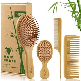 MRD Juego de cepillos para el cabello, peine de bambú natural, cepillo desenredante de paleta, peine de dientes anchos y cola sin cerdas, adecuado par