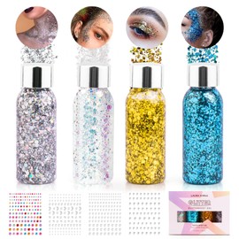 Glitter viso, 4 bottle festival glitter viso liquido gel sirena paillettes body glitter gel glitter per capelli unghie viso make up glitter adesivi per festival masquerade