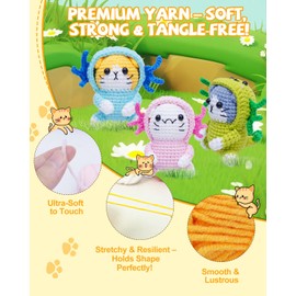 UCEC 3 Pack Crochet Animal Kit—Cute Cat Crochet Kit for Beginners, Crochet Kit for Beginners with Easy-to-Follow Video Guide for Beginners & Arts and Crafts for Adults (Blue & Pink & Green)