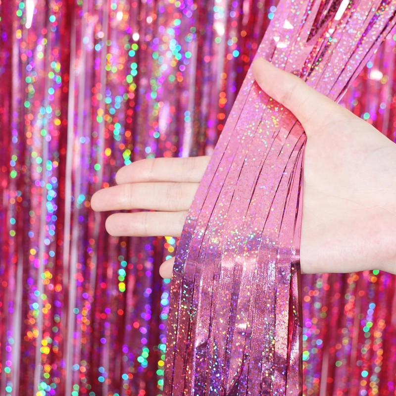 Voircoloria 3 Pack 3.3 x 6.6 ft Pink Foil Fringe