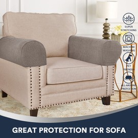 Stretch Sofa Armrest Covers Spandex Jacquard Arm Covers for Chairs and Sofas Anti-Slip Couch Armrest Covers with Sticker Furniture Armrest Protector for Sofa Couch Chair Recliner, Set of 2, Taupe