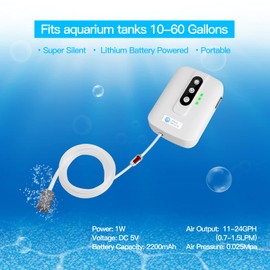 AquaMiracle® Lithium Battery Powered Portable Aquarium Air Pump for Fish Tank up to 60 Gals, USB Rechargeable Aquarium Bubbler Aerator for Fishing, Power Outages and Emergency