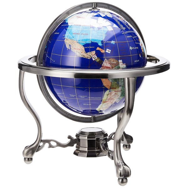 Unique Art 13-Inch Tall Table Top Blue Lapis Ocean Gemstone World Globe with Silver Tripod Stand