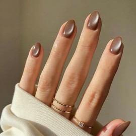 Uñas postizas cortas ovaladas color marrón claro con efecto ojo de gato, uñas postizas con acabado cromado brillante, uñas postizas cortas de gel con 