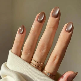 Uñas postizas cortas ovaladas color marrón claro con efecto ojo de gato, uñas postizas con acabado cromado brillante, uñas postizas cortas de gel con 