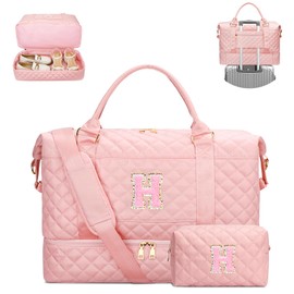 Gifts for Friend Birthday Initial Travel Duffle Bag Quilted Weekender Bags Carry-On Overnight with Cosmetic Bag, Gym Bag with Shoe Compartment, Pink-H