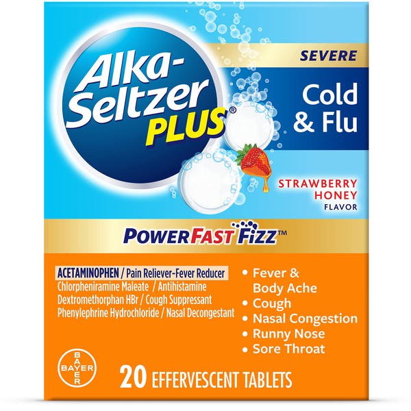 ALKA-SELTZER PLUS Powerfast Fizz, Severe Cold & Flu Medicine, Strawberry Honey effervescent Tablets, 20ct