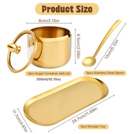 Akamino Set of 3 Stainless Steel Sugar Container with Glass Lid and Spoon, Gold 10oz Seasoning Jar Condiment Pots with Serving Tray, Kitchen Canisters Set for Pepper, Salt, Spice, Candy