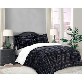 Elegant Comfort Soft & Plush Sherpa Comforter- Lilith Plaid Collection, 2-Piece Bed Set, , Reversible Down Alternative Micro-Suede, Plaid Sherpa Comforter, Twin XL, Charcoal Black