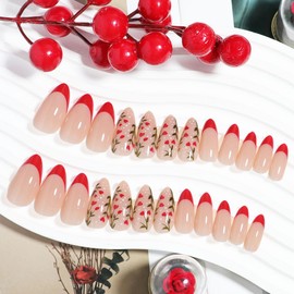 Almond Press on Nails Red Romantic Flower False Nails Medium with White Dots Design Artificial Nails Acrylic Fake Nails Matte Full Cover Glue on Nails DIY Manicure Decoration for Women Girls 24Pcs