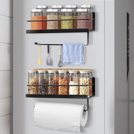 ahomrt 2 PCS Magnetic Spice Rack Organizer with Paper Towel Holder for Refrigerator and Oven, Black Fridge Organizers and Storage Can Hold spices, Pepper, Small Things, Paper Towel