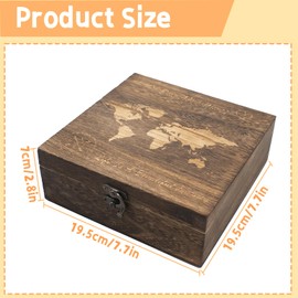 JINGHANGER Adventure Archive Box Adventure Wooden Box 19.5 x 19.5 x 7 cm Wooden Box Storage Box World Map Pattern Memory Box Travel Collection Box