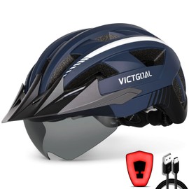VICTGOAL Bike Helmet with USB Rechargeable Rear Light Detachable Magnetic Goggles Removable Sun Visor Mountain & Road Bicycle Helmets for Men Women Adult Cycling Helmets (XL: 59-63 cm, Navy Blue)