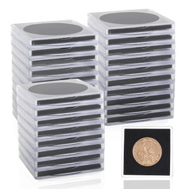 RobLuX Pack of 30 Transparent Coin Cases in 5 Different Sizes Coin Box with Adjustable Sponge Coin Sleeves for Storage and Presentation of Coins or Prizes