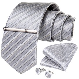 DiBanGu Necktie, Striped Necktie, Handkerchief, Cufflinks, Tie Pin Set, Wedding, Business, School Entrance Ceremony, Graduation, Year End Party, silver1