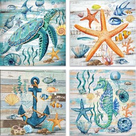 Hjjdiyes Paint by Numbers Adults Beginners Paint by Numbers Children 4 Paint by Numbers Kits Seas Animal Lake Turtles Starfish 30 x 30 cm