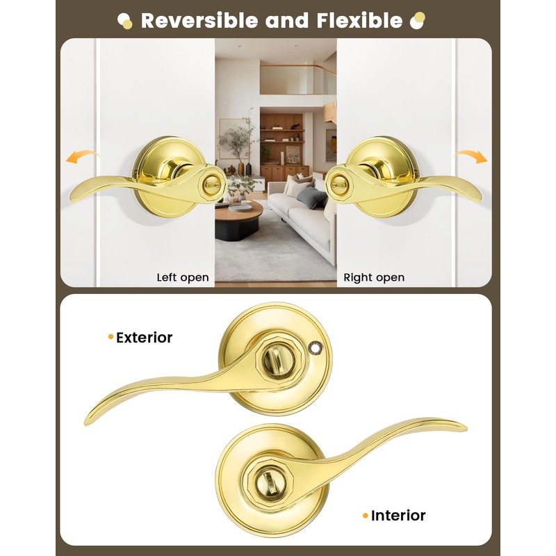 Gobrico--Polished Brass Door Handles Keyless Bedroom Bathroom Door Levers Drop/Wave