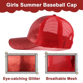 Zsedrut Tolddler Girls Baseball Cap Kids Glitter Trucker Hats Adjustable Summer Sun Hat Mesh Ponytail Caps(Red)