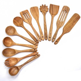 Wooden Spoons for Cooking, 12Pcs Wooden Utensils for Cooking Wooden Kitchen Utensils Set Wooden Cooking Utensils Wooden Spatulas…