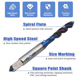 Mesee 6 Pieces Spiral Flute Tap Set SAE Size Nano Blue Coated HSS Machine Screw Taps 6-32NC 8-32NC 10-24NC 10-32NC 12-24NC 1/4-20NC Screw Threading Tap Drill Bits Thread Tapping Tool