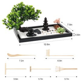 Zen Garden Kit for Desk Decor - Premium Beautiful Japanese Mini Sand Box Set Home, Office with Black Wooden Tray, White Sand, Rake Tools Desktop Meditation, Therapy and Accessories