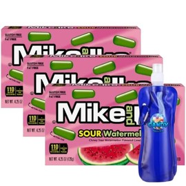 Mike and Ike Chewy Candy – 3 Pack of Movie Theater Boxes (4.25 OZ Each) + Candy Freezer Collapsible Bottle – Perfect for Movie Nights & Sharing (Sour Watermelon) - Bottle