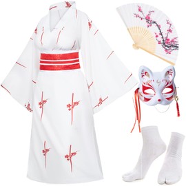 Japanese Anime Women's Kimono Robe Geisha Yukata Sweet Dress Blossom Satin Bathrobe Sleepwear Fans Tabi Socks Set White Sakura Plus Size