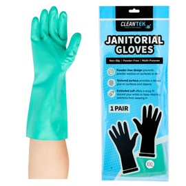 Restaurantware-Clean Tek Professional 15 Mil XXL Cleaning Gloves, 1 Pair Of Long Cuff Gloves - Flock Lining, No-Powder, Green Nitrile Chemical Tolerant Gloves, No-Latex, Heavy-Duty Tasks
