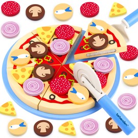 Beberolen Pizza Set Wood, Pizza Children's Kitchen Accessories, Wooden Pizza for Children, Play Kitchen Pizza Toy Food for Shop, Educational Role Play Educational Toy Gift