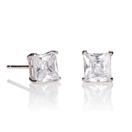 namana Mens Square Stud Earrings Silver Earrings with Square 6mm Solitaire Cubic Zirconia, Rhodium-plated brass, Cubic Zirconia