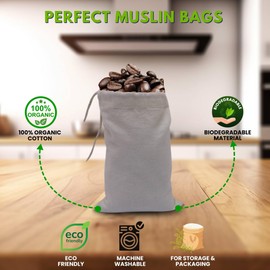 ecogreentextiles 2x3 in 50 pcs Organic Cotton Muslin Bags with Drawstring – 100% Natural Cotton Bags, Washable, Biodegradable, Food Safe - Ideal for Shopping, Storage, Spices, Crafts