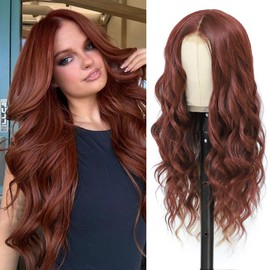 Auburn Red Long Wavy Wigs for Women 26 Inch Middle Part Nature Hairline Curly Wavy Wig Synthetic Heat Resistant Fiber for Daily Party Use