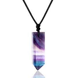 Runyangshi Rainbow Fluorite Pendants Single Pointed Natural Crystal Quartz Necklace 6 Faceted Chakra Crystal Wand for Men Women Hand-Woven Rope Gift