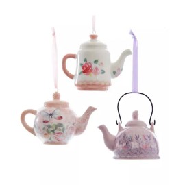 KURT ADLER SET OF 3 HAND PAINTED PORCELAIN PINK & LAVENDER TEAPOT XMAS ORNAMENTS