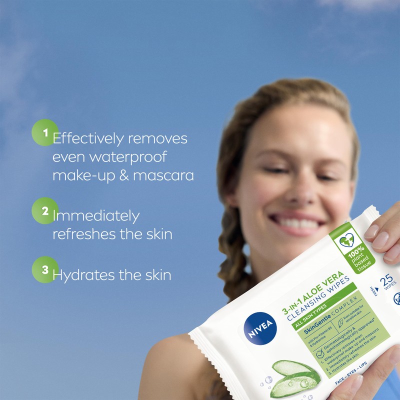 NIVEA Aloe Vera Cleansing Wipes (25 Sheets), Plant-Based Makeup Remover