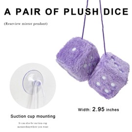 MUQIDA Fuzzy Plush Dice for Car Mirror, 3 Inch Pair of Retro Square Mirror Ornament Soft Dice with Dots, Vintage Couple Pendant Charms Vehicle Interior Hanging Decoration for Women (Purple)