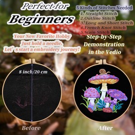 FONNUY Crewel Embroidery Kit for Beginners, Pre-Stamped Pattern Kits for Adults with Hoop, Easy to Follow Color Thread Needlework, 8'' Hoop (Mushroom B)