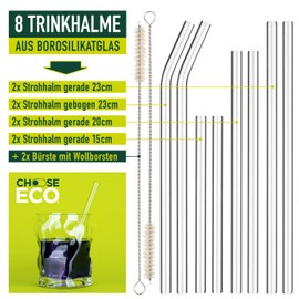 ChooseEco Glass Straws Reusable Pack of 8 + Wool Cleaning Brush - 4 Sizes for Any Drink - Glass Drinking Straws Glass Straws - Plastic-Free Zero Waste