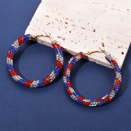 NLCAC USA Hoop Earrings Red White Blue Patriotic Resin Rhinestone Wrapped Hoop Dangle Earrings for Women(USA Round)