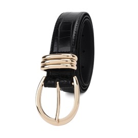 FABULOUS AGE Women's Leather Belts with Gold Buckle Fashion Waist Belt for Women Trendy Elegant Ladies Belts for Jeans, Black Croco, M: Fit Waist Size 30"-36"