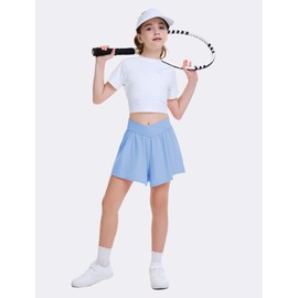 FireSwan Girls Butterfly Shorts Crossover Athletic Shorts with Pockets 2 in 1 Flowy Running Skorts for Teen, Girls, Youth Baby Blue